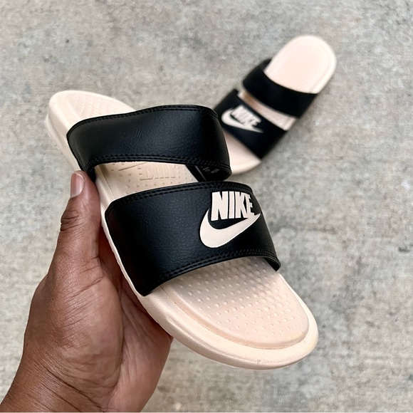 WMNS BENASSI DUO ULTRA BLACK CREAMS PEACHES SLIDES - Picture 2 of 6